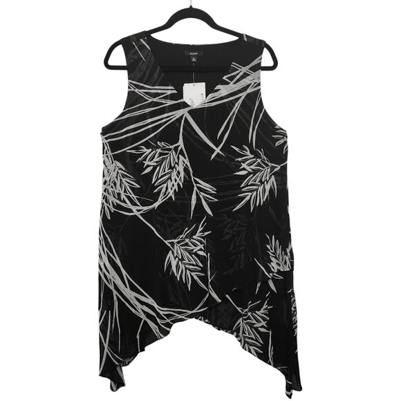 Alfani Black White Mesh Leaf Printed Stretchy Sleeveless Top Size 0X - Picture 1 of 6